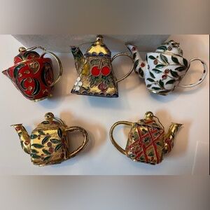 Vintage Hand Painted Cloisonné Gold and Multicolor Holiday Teapot Ornaments Set